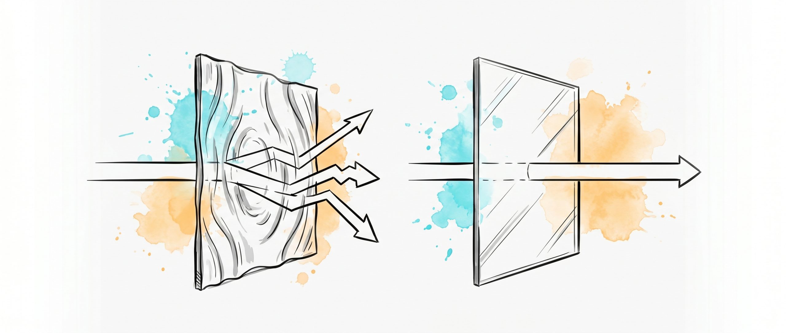 Hand-drawn ink illustration: a beam of light bending and fracturing as it passes through a warped distorting glass pane, then passing straight through a clear flat pane beside it — distorted versus clear perception, with cyan and apricot watercolour splashes