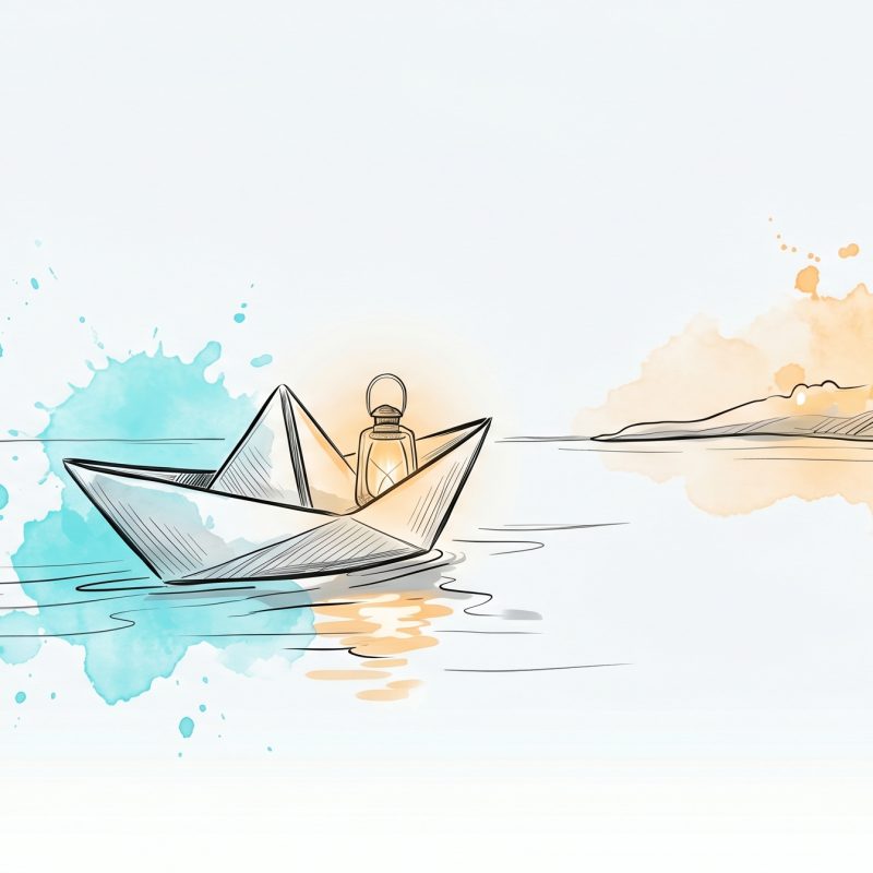 Hand-drawn ink illustration of a small paper boat carrying a glowing lantern gliding across calm water toward a softly lit welcoming far shore, symbolising accessible mental health support reaching young people across distance
