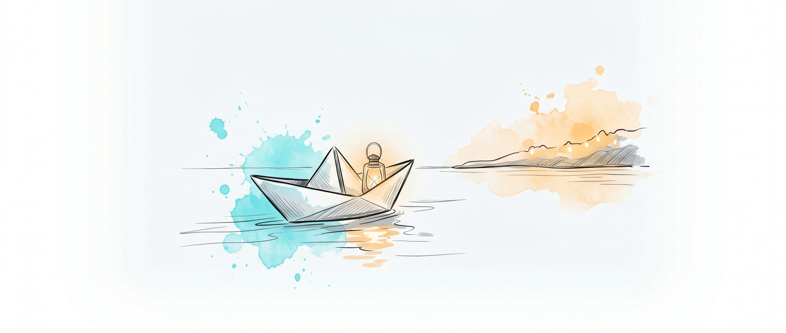 Hand-drawn ink illustration of a small paper boat carrying a glowing lantern gliding across calm water toward a softly lit welcoming far shore, symbolising accessible mental health support reaching young people across distance