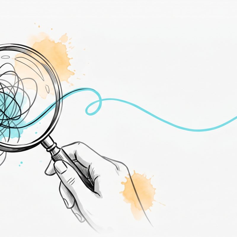 Hand-drawn ink illustration of a magnifying glass examining a tangled thought-knot that smooths into a clean cyan line, with cyan and apricot watercolour splashes, symbolising detecting cognitive distortions