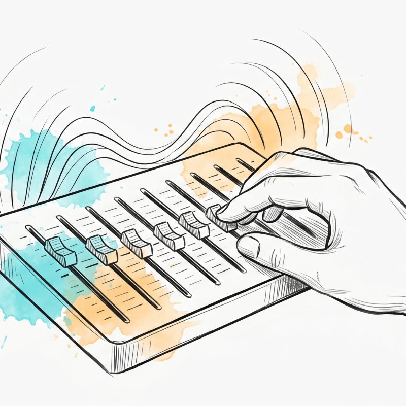 Hand-drawn ink illustration of a hand adjusting the balanced sliders of an audio equalizer with soft sound waves rising, symbolizing tuning and regulating emotions