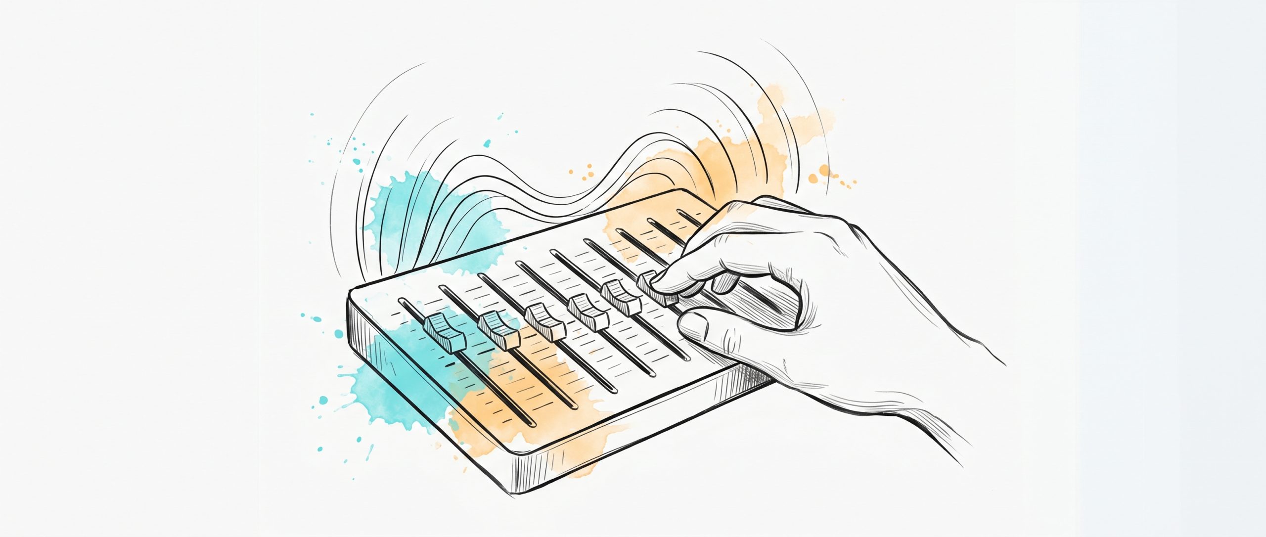 Hand-drawn ink illustration of a hand adjusting the balanced sliders of an audio equalizer with soft sound waves rising, symbolizing tuning and regulating emotions