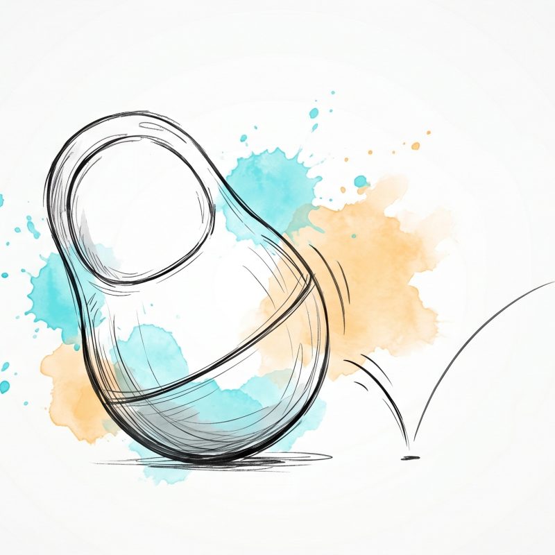 Hand-drawn ink illustration of a weighted wobble toy tipped by a push yet rocking back upright, with cyan and apricot watercolour splashes — a metaphor for emotional stability returning to a steady baseline