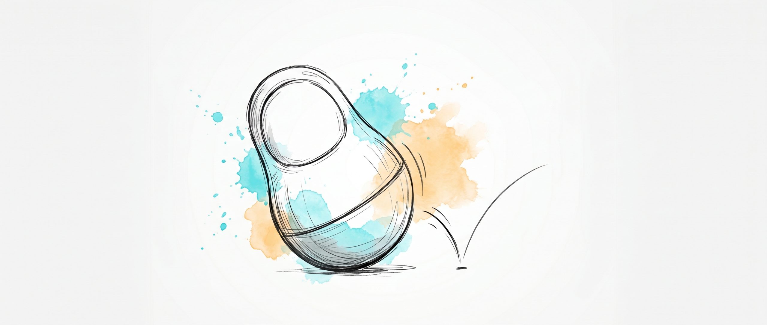 Hand-drawn ink illustration of a weighted wobble toy tipped by a push yet rocking back upright, with cyan and apricot watercolour splashes — a metaphor for emotional stability returning to a steady baseline