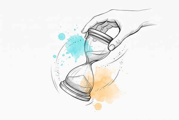 Hand-drawn ink illustration of a hand turning a low-running hourglass to refill it, symbolising catching depleting energy early and renewing it before burnout