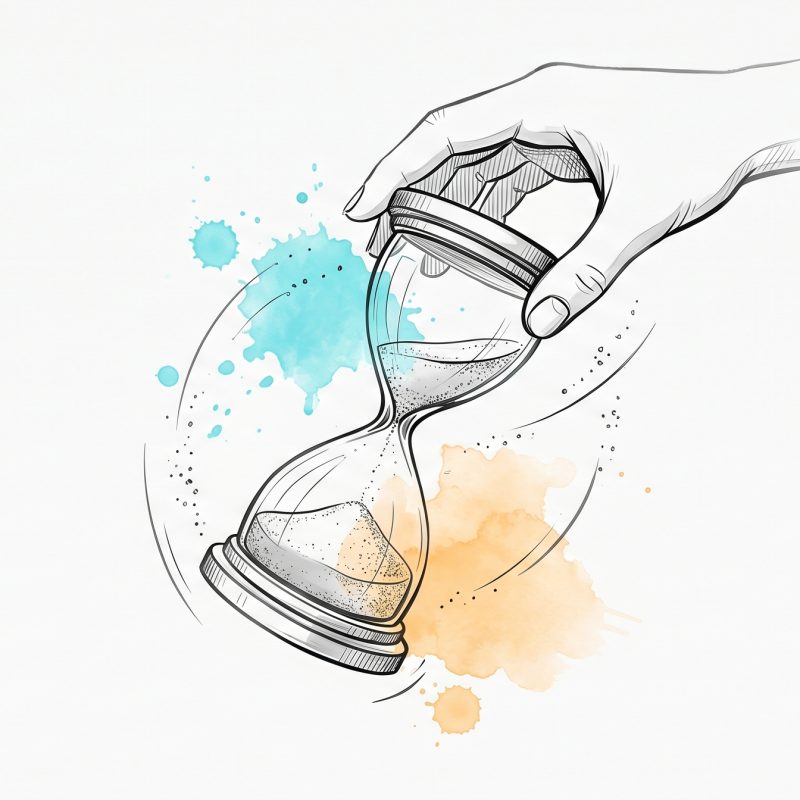 Hand-drawn ink illustration of a hand turning a low-running hourglass to refill it, symbolising catching depleting energy early and renewing it before burnout