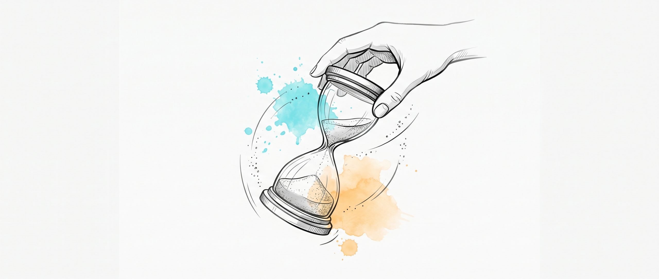 Hand-drawn ink illustration of a hand turning a low-running hourglass to refill it, symbolising catching depleting energy early and renewing it before burnout