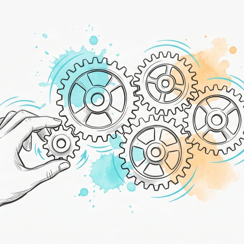 Hand-drawn ink illustration of interlocking gears meshing and turning together as a partial hand sets the smallest one in motion, cyan and apricot watercolour splashes — a team's engagement set in motion