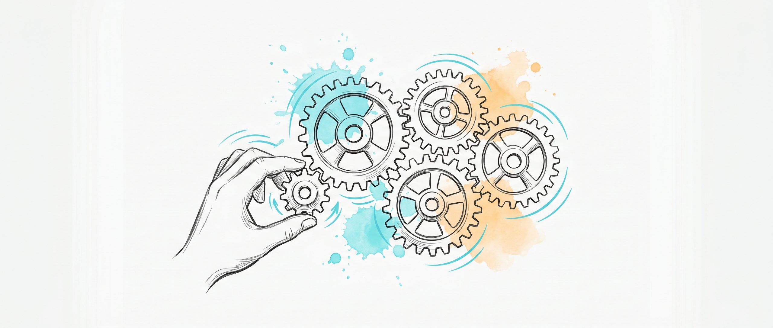 Hand-drawn ink illustration of interlocking gears meshing and turning together as a partial hand sets the smallest one in motion, cyan and apricot watercolour splashes — a team's engagement set in motion