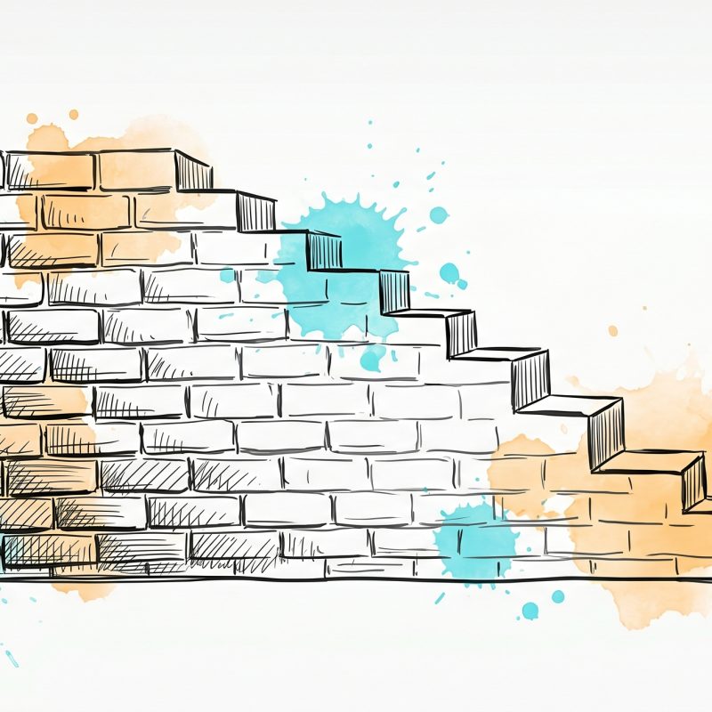 Hand-drawn editorial illustration of a brick wall on the left turning into an ascending staircase on the right, with cyan and apricot watercolour splashes — the same obstacle seen as a barrier or as a path upward, symbolising the growth mindset reframe.