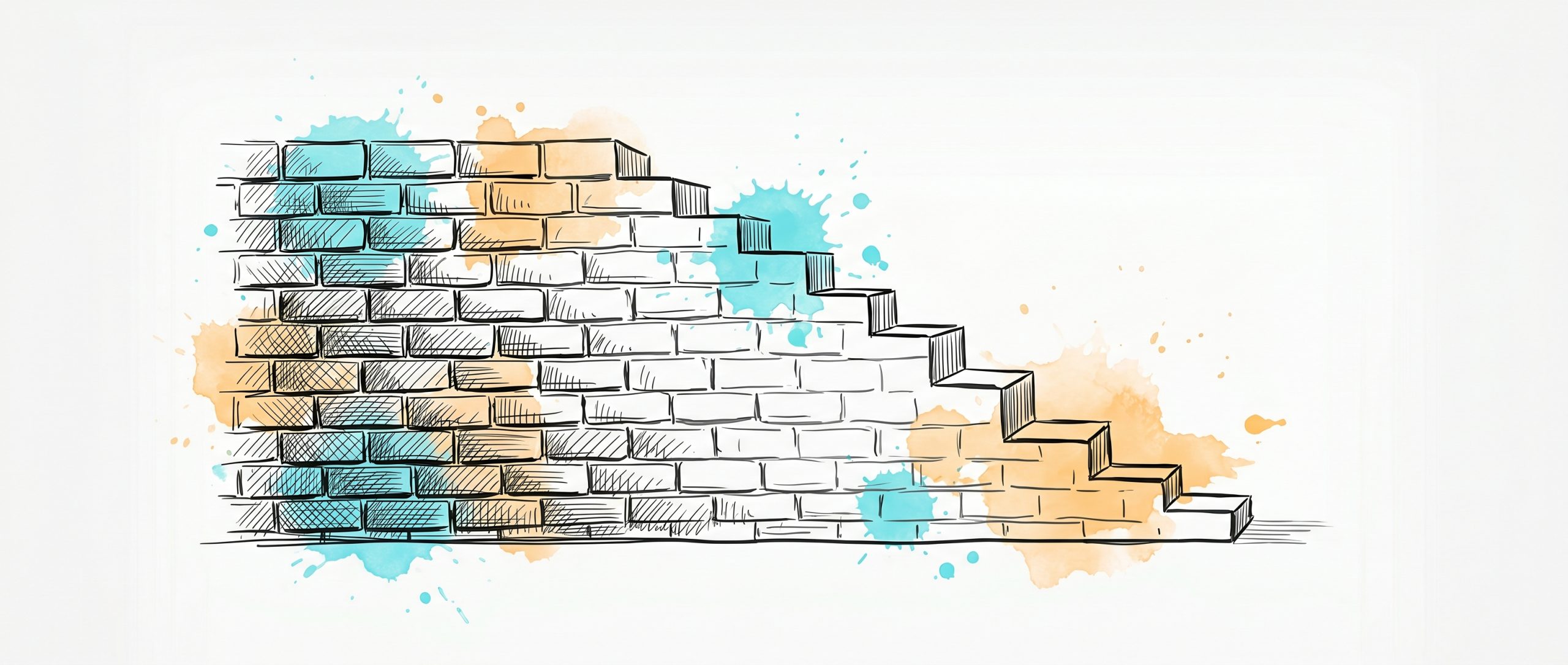 Hand-drawn editorial illustration of a brick wall on the left turning into an ascending staircase on the right, with cyan and apricot watercolour splashes — the same obstacle seen as a barrier or as a path upward, symbolising the growth mindset reframe.