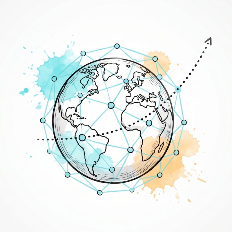 Hand-drawn ink illustration of a globe wrapped in a cyan data network with an upward predictive arrow, symbolizing scaling predictive analytics for mental health globally, with cyan and apricot watercolour splashes