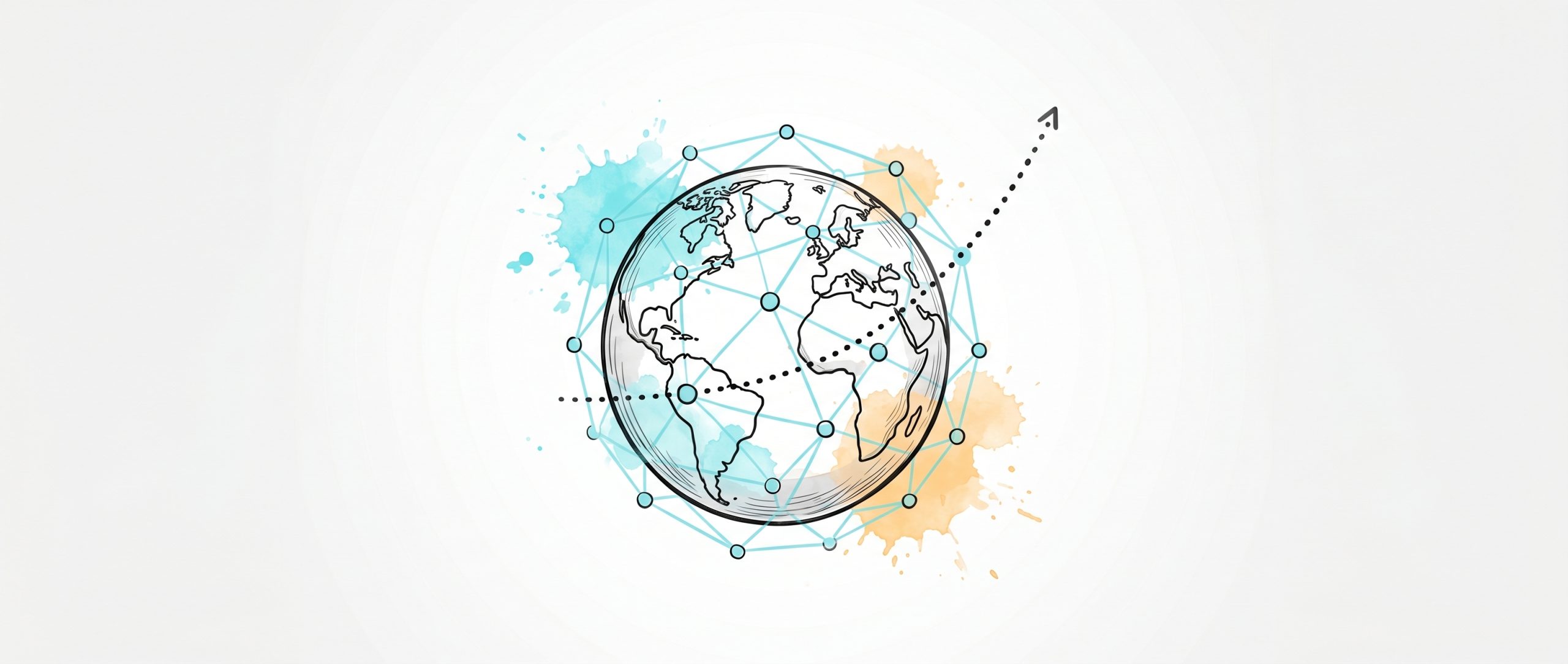 Hand-drawn ink illustration of a globe wrapped in a cyan data network with an upward predictive arrow, symbolizing scaling predictive analytics for mental health globally, with cyan and apricot watercolour splashes