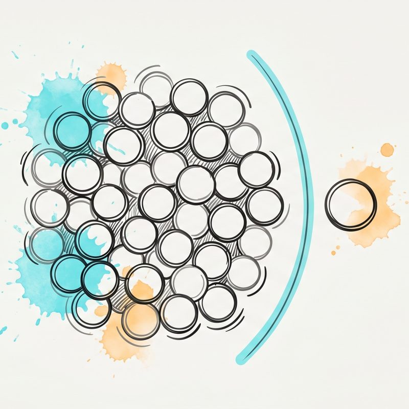 Hand-drawn ink illustration of a cluster of circles with one set apart by a cyan boundary line, symbolizing boundary setting between individual and collective, with cyan and apricot watercolour splashes