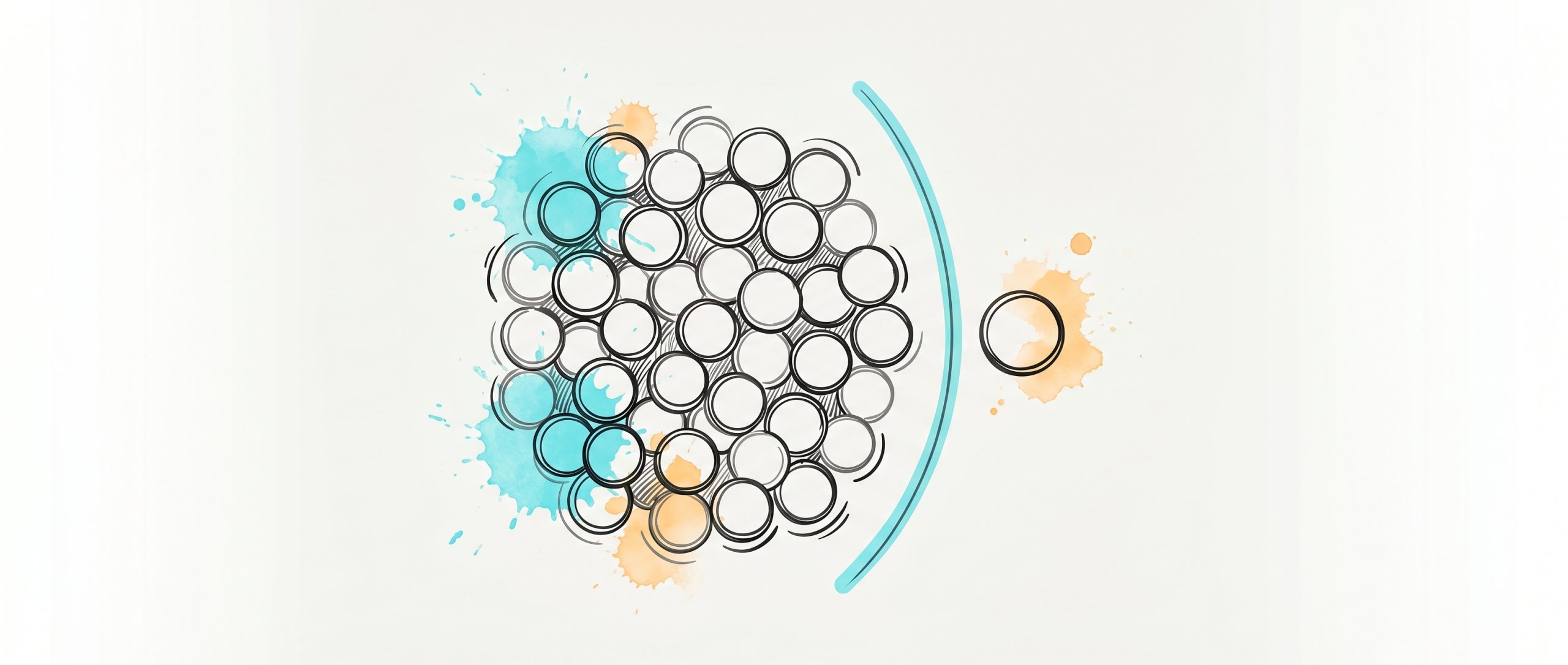 Hand-drawn ink illustration of a cluster of circles with one set apart by a cyan boundary line, symbolizing boundary setting between individual and collective, with cyan and apricot watercolour splashes
