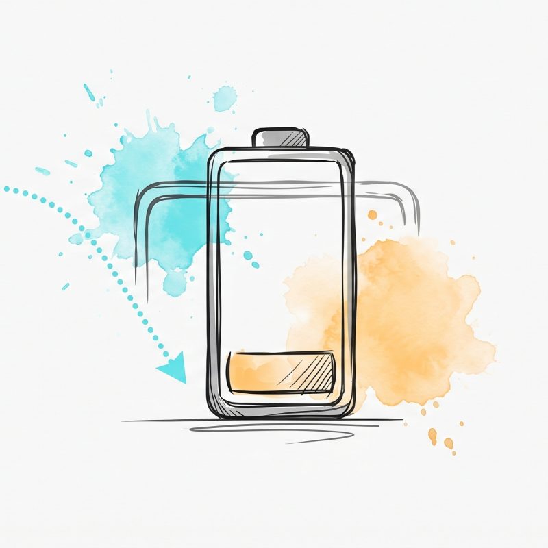 Hand-drawn ink illustration of a low-charge battery with a cyan dotted predictive forecast line, symbolizing AI predicting employee burnout early, with cyan and apricot watercolour splashes