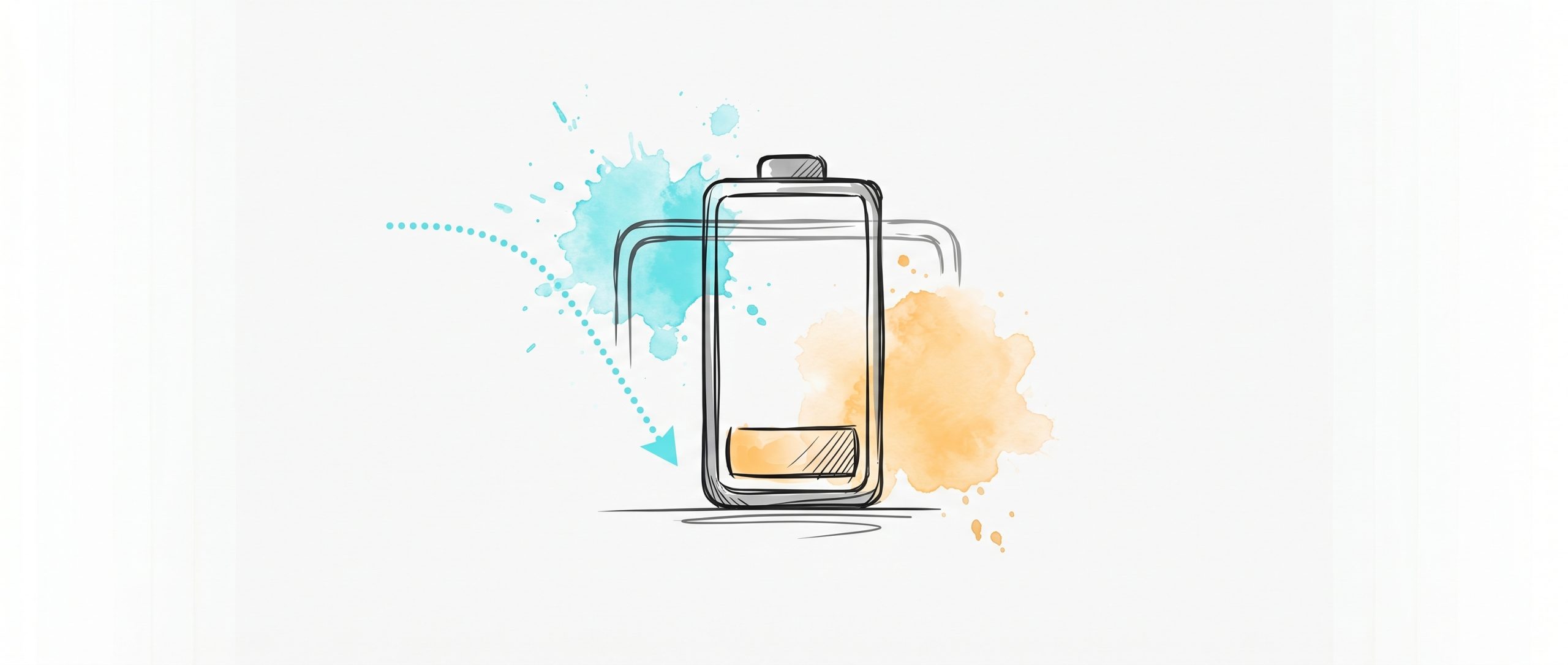 Hand-drawn ink illustration of a low-charge battery with a cyan dotted predictive forecast line, symbolizing AI predicting employee burnout early, with cyan and apricot watercolour splashes