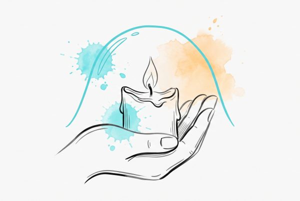 Hand-drawn ink illustration of a low candle cupped in a hand under a cyan protective arc, symbolizing noticing and protecting against early burnout, with cyan and apricot watercolour splashes