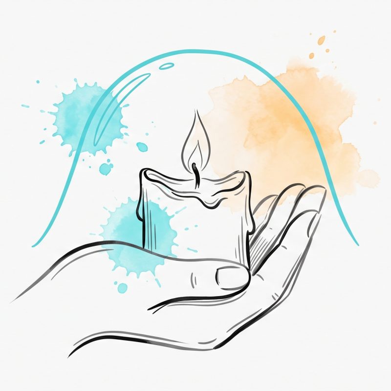 Hand-drawn ink illustration of a low candle cupped in a hand under a cyan protective arc, symbolizing noticing and protecting against early burnout, with cyan and apricot watercolour splashes