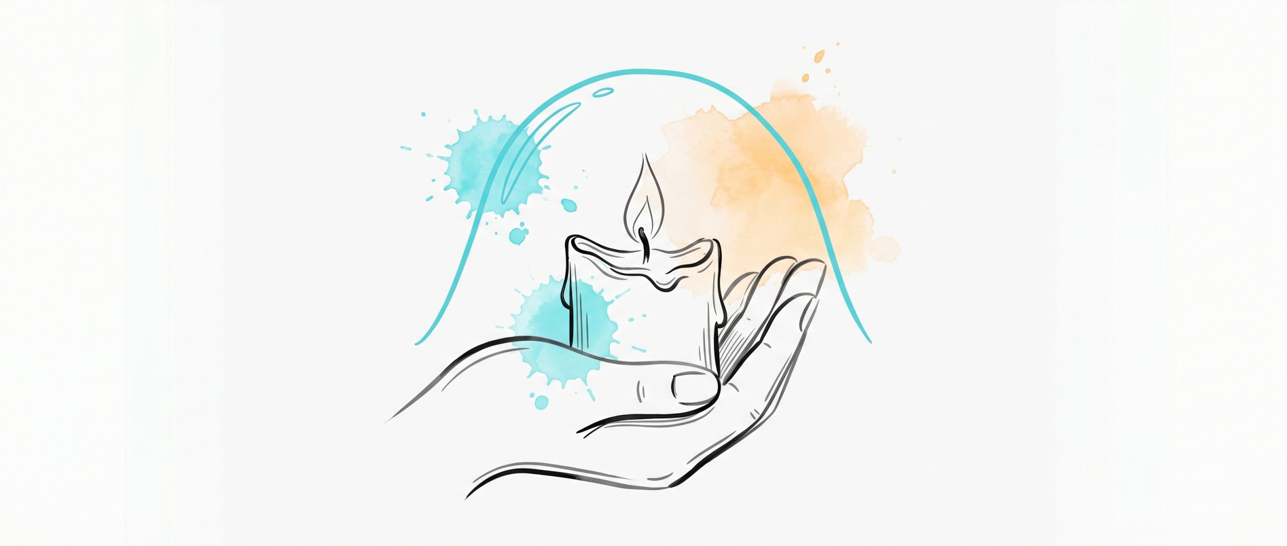 Hand-drawn ink illustration of a low candle cupped in a hand under a cyan protective arc, symbolizing noticing and protecting against early burnout, with cyan and apricot watercolour splashes