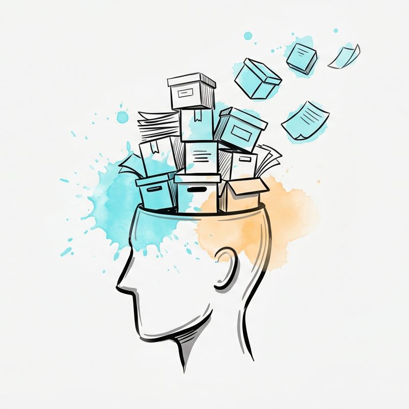 Hand-drawn ink illustration of an abstract head profile with stacked boxes lifting away as cyan, symbolizing reducing cognitive load, with cyan and apricot watercolour splashes