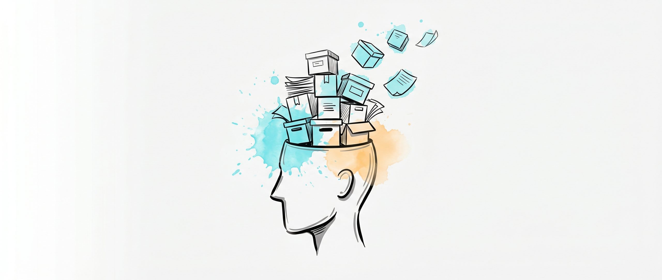 Hand-drawn ink illustration of an abstract head profile with stacked boxes lifting away as cyan, symbolizing reducing cognitive load, with cyan and apricot watercolour splashes
