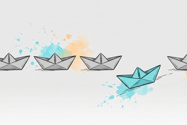Hand-drawn ink illustration of a row of grey paper boats with one cyan boat veering onto its own path, symbolizing not comparing yourself to others, with cyan and apricot watercolour splashes