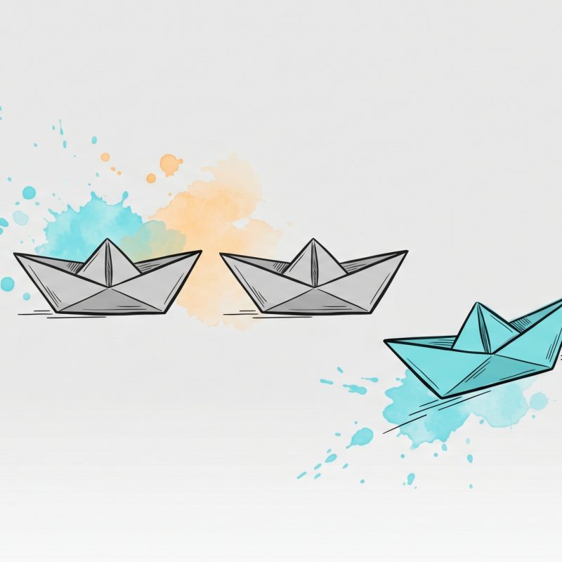 Hand-drawn ink illustration of a row of grey paper boats with one cyan boat veering onto its own path, symbolizing not comparing yourself to others, with cyan and apricot watercolour splashes