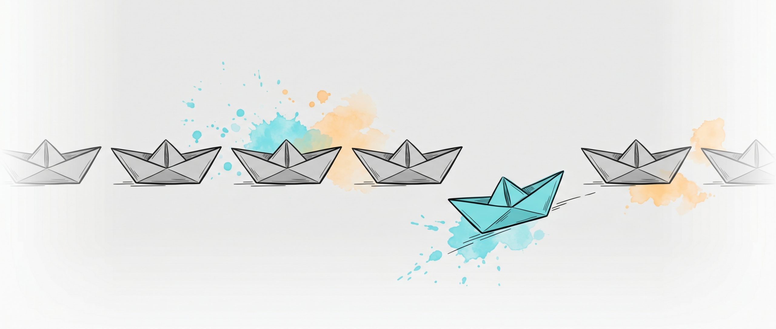 Hand-drawn ink illustration of a row of grey paper boats with one cyan boat veering onto its own path, symbolizing not comparing yourself to others, with cyan and apricot watercolour splashes