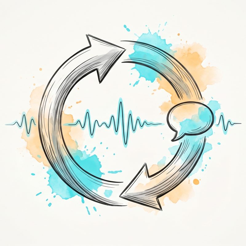 Hand-drawn ink illustration of a circular feedback loop of two arrows with a cyan pulse waveform and a chat bubble, symbolizing real-time feedback in AI coaching, with cyan and apricot watercolour splashes