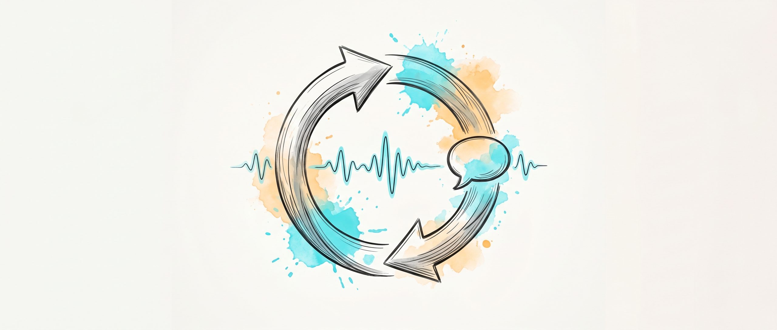 Hand-drawn ink illustration of a circular feedback loop of two arrows with a cyan pulse waveform and a chat bubble, symbolizing real-time feedback in AI coaching, with cyan and apricot watercolour splashes