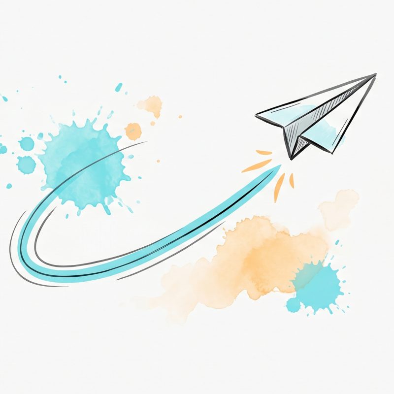 Hand-drawn ink illustration of a paper airplane launching upward with a cyan motion trail, symbolizing startup founders accelerating growth, with cyan and apricot watercolour splashes