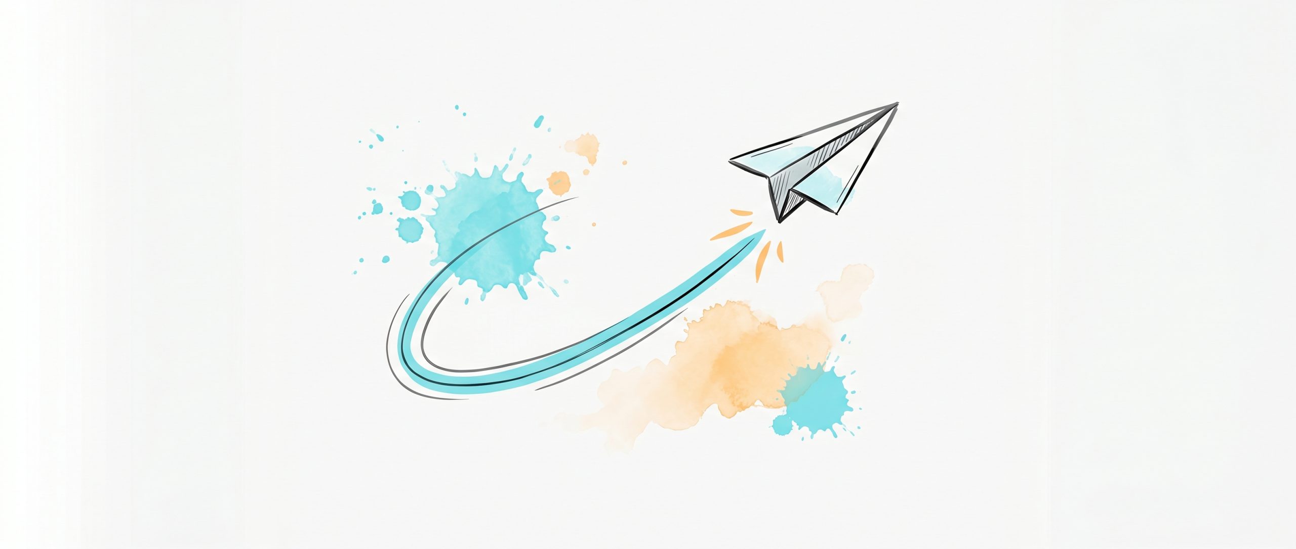 Hand-drawn ink illustration of a paper airplane launching upward with a cyan motion trail, symbolizing startup founders accelerating growth, with cyan and apricot watercolour splashes