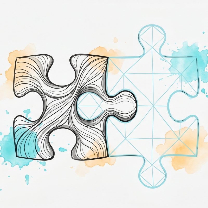 Hand-drawn ink illustration of two interlocking puzzle pieces, one organic and one cyan geometric, symbolizing hybrid human and AI mental health care, with cyan and apricot watercolour splashes