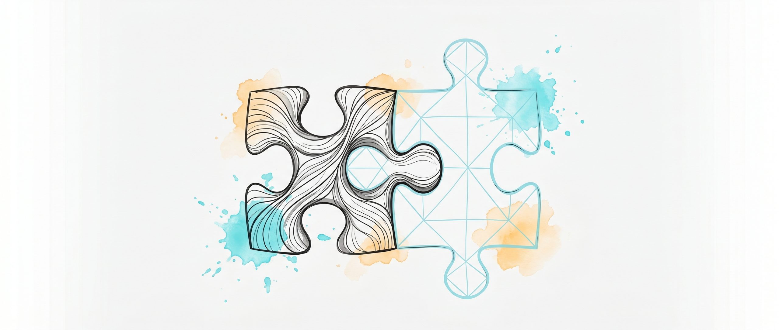 Hand-drawn ink illustration of two interlocking puzzle pieces, one organic and one cyan geometric, symbolizing hybrid human and AI mental health care, with cyan and apricot watercolour splashes