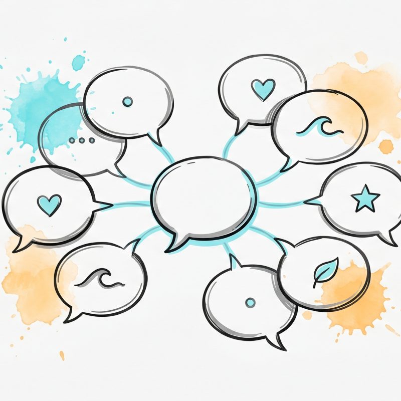 Hand-drawn ink illustration of speech bubbles with simple symbols linked by cyan threads to a central bubble, symbolizing multilingual AI coaching across languages, with cyan and apricot watercolour splashes