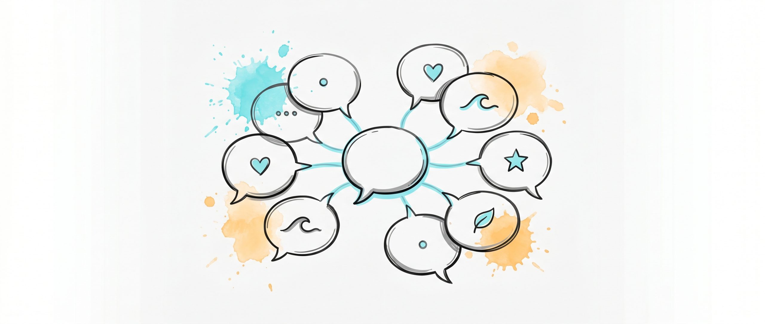 Hand-drawn ink illustration of speech bubbles with simple symbols linked by cyan threads to a central bubble, symbolizing multilingual AI coaching across languages, with cyan and apricot watercolour splashes