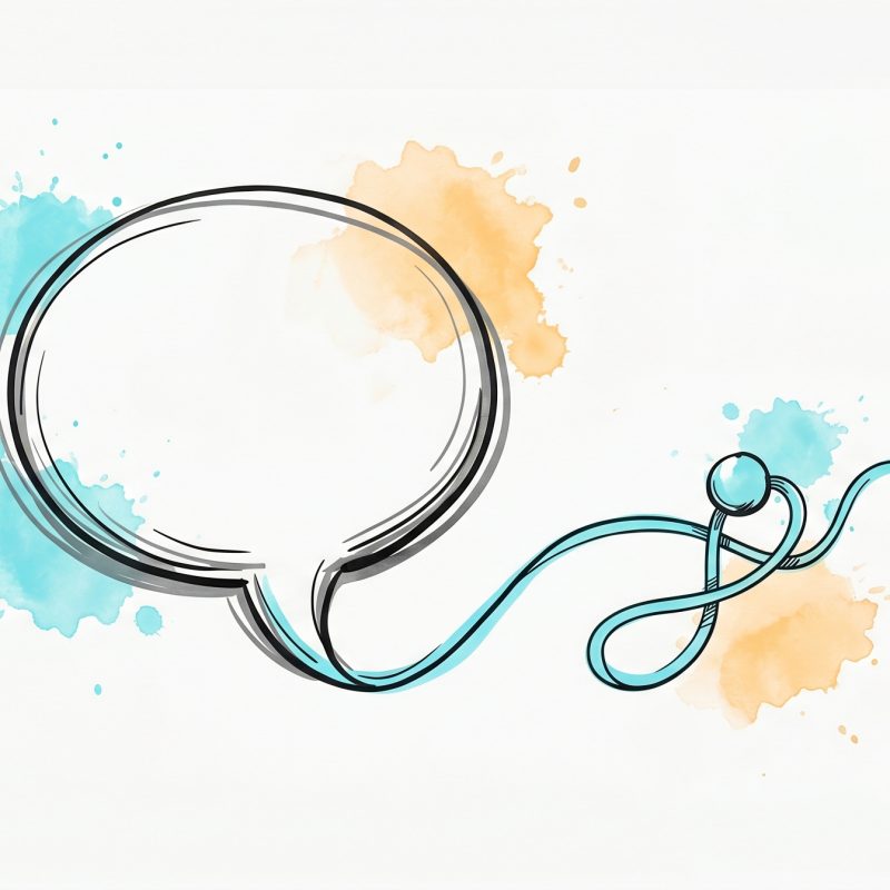 Hand-drawn ink illustration of a chat speech bubble unravelling into a cyan thread weaving into a node, symbolizing NLP techniques in mental health chatbots, with cyan and apricot watercolour splashes