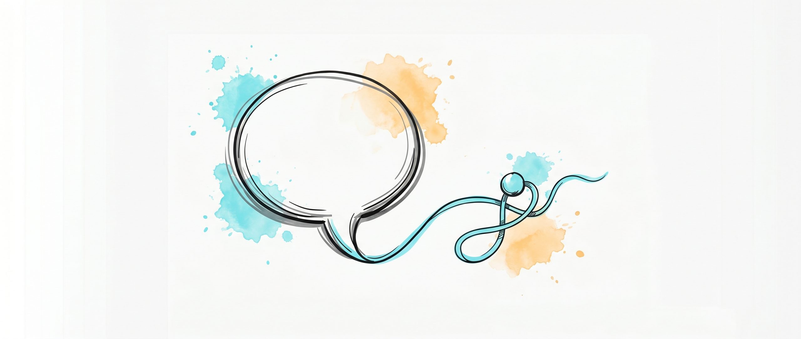 Hand-drawn ink illustration of a chat speech bubble unravelling into a cyan thread weaving into a node, symbolizing NLP techniques in mental health chatbots, with cyan and apricot watercolour splashes