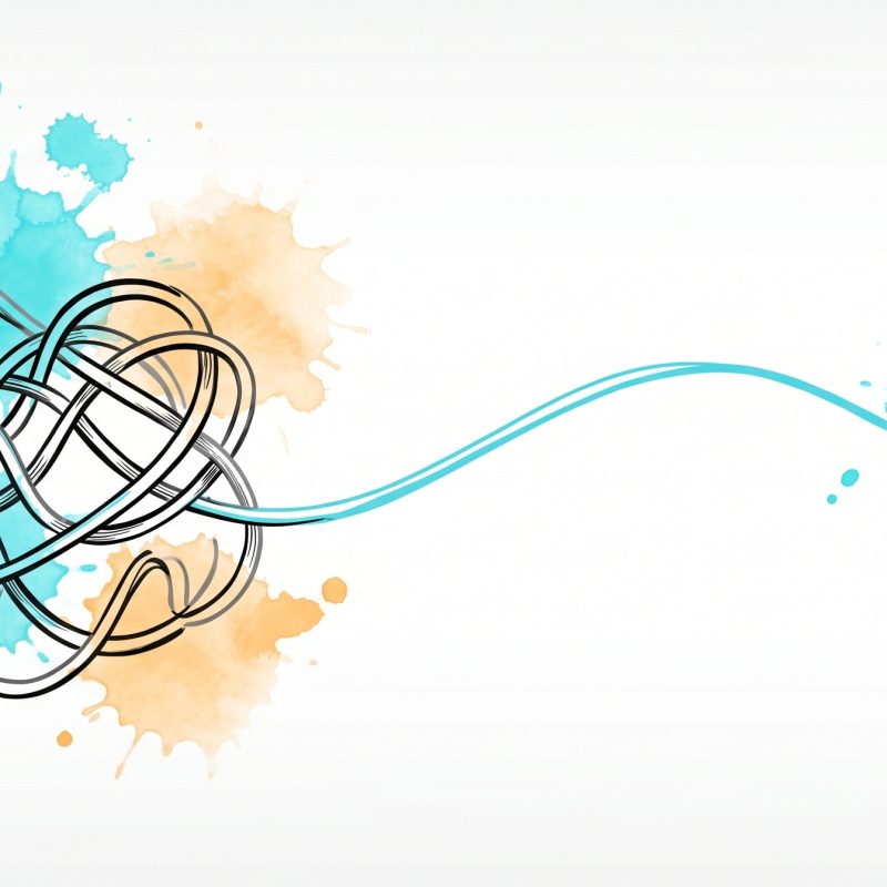 Hand-drawn ink illustration of a tangled knot of threads with one strand breaking free into a clean cyan line, symbolizing breaking free of repeating relationship patterns, with cyan and apricot watercolour splashes