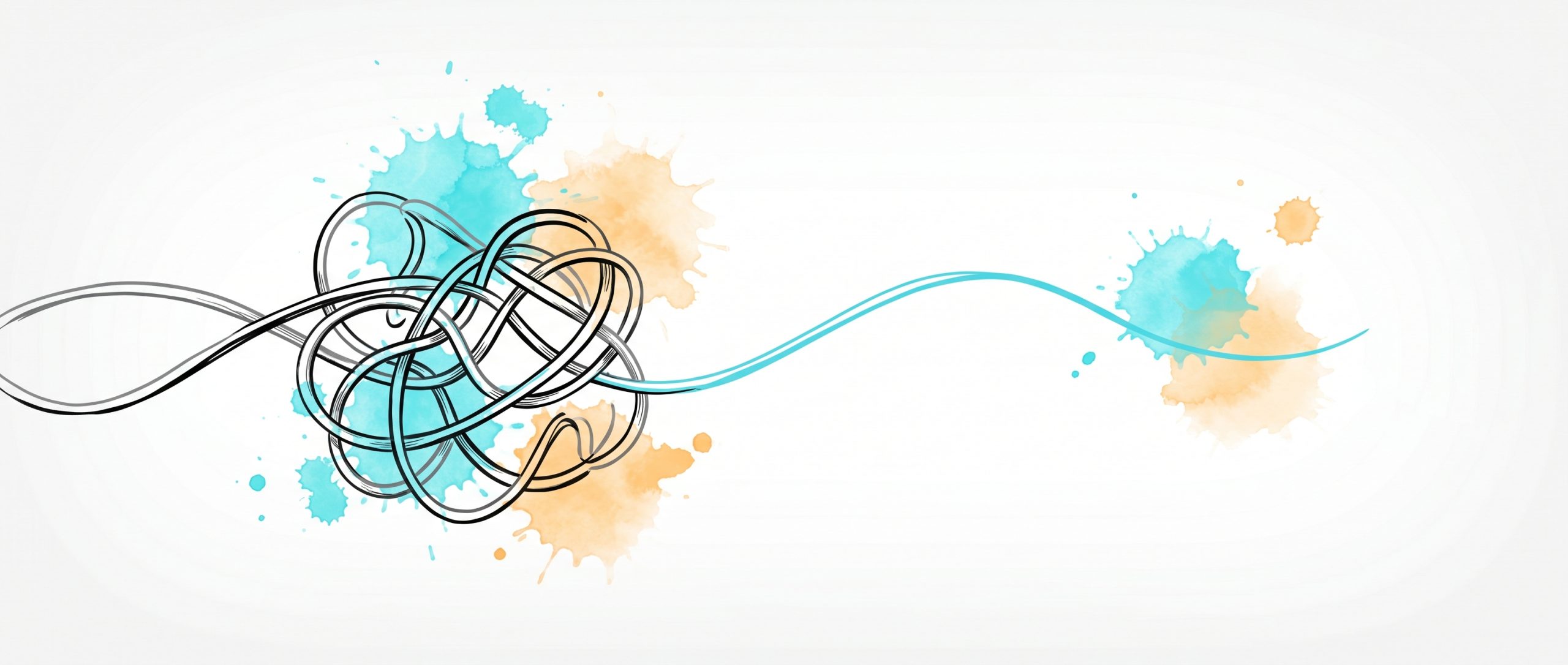 Hand-drawn ink illustration of a tangled knot of threads with one strand breaking free into a clean cyan line, symbolizing breaking free of repeating relationship patterns, with cyan and apricot watercolour splashes