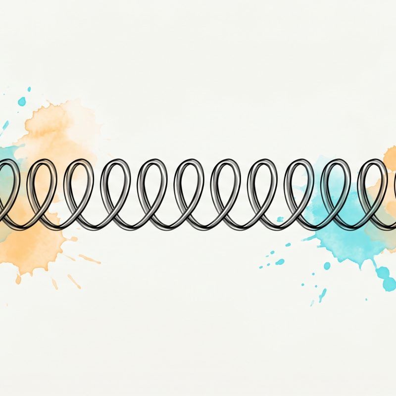 Hand-drawn ink illustration of a repeating coil whose final loop opens into a free flowing curve, symbolizing breaking a repeating cycle, with cyan and apricot watercolour splashes