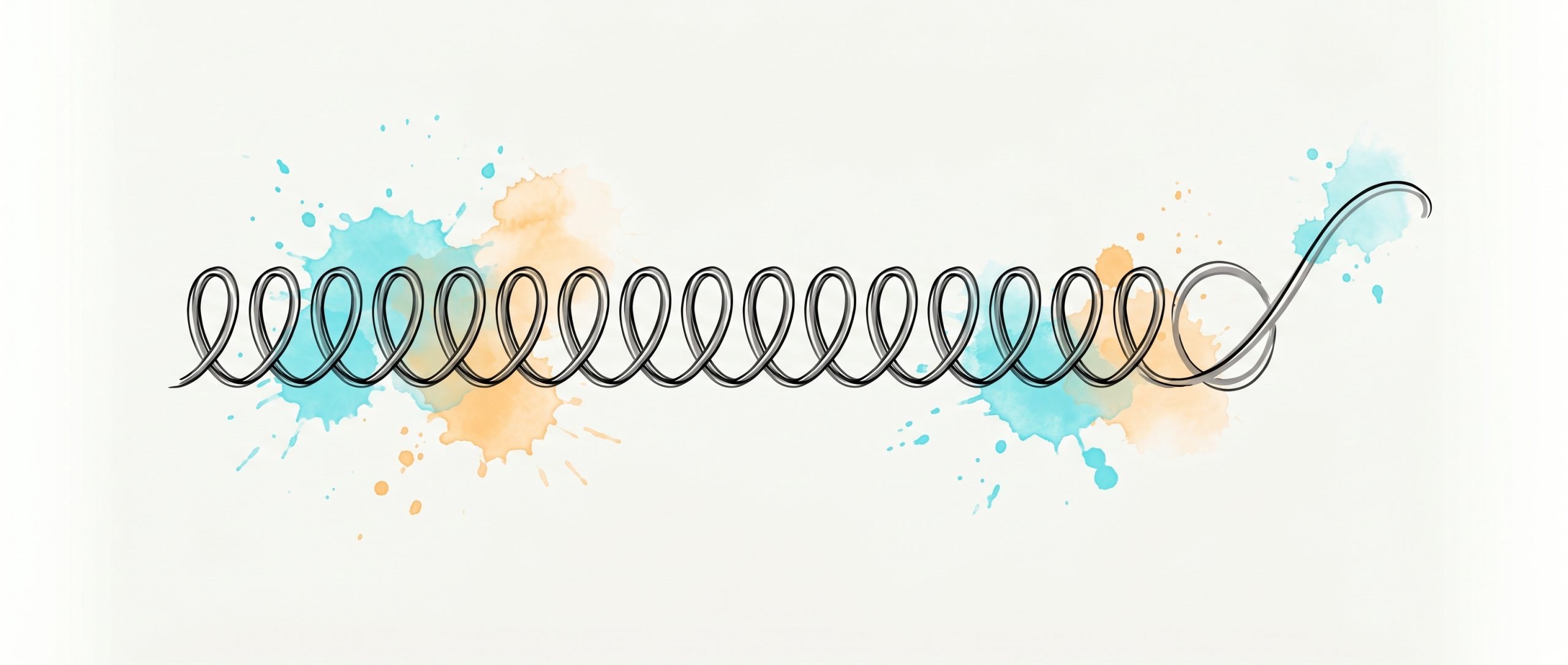 Hand-drawn ink illustration of a repeating coil whose final loop opens into a free flowing curve, symbolizing breaking a repeating cycle, with cyan and apricot watercolour splashes