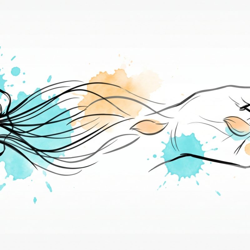 Hand-drawn ink illustration of a clenched fist opening into a relaxed hand releasing petals, symbolizing stress reduction and release, with cyan and apricot watercolour splashes