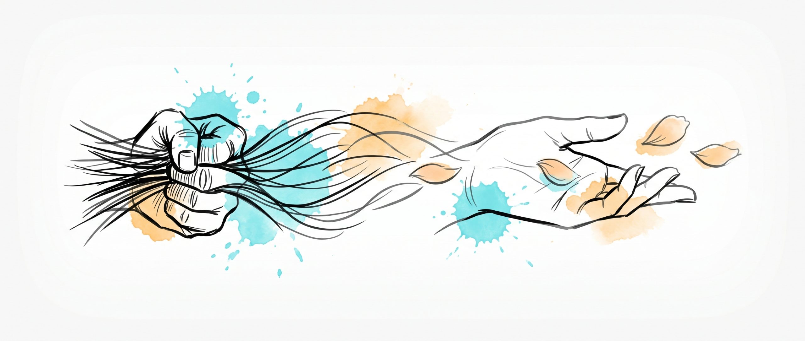 Hand-drawn ink illustration of a clenched fist opening into a relaxed hand releasing petals, symbolizing stress reduction and release, with cyan and apricot watercolour splashes