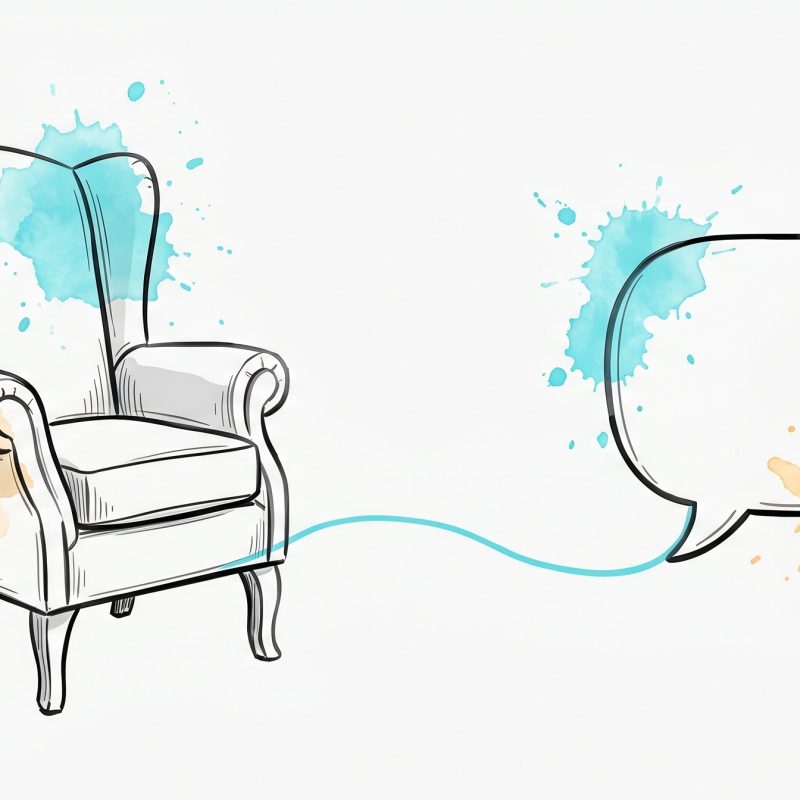 Hand-drawn ink illustration of a classic therapist armchair linked by a cyan thread to a chat speech bubble, symbolizing traditional therapy versus AI therapy, with cyan and apricot watercolour splashes