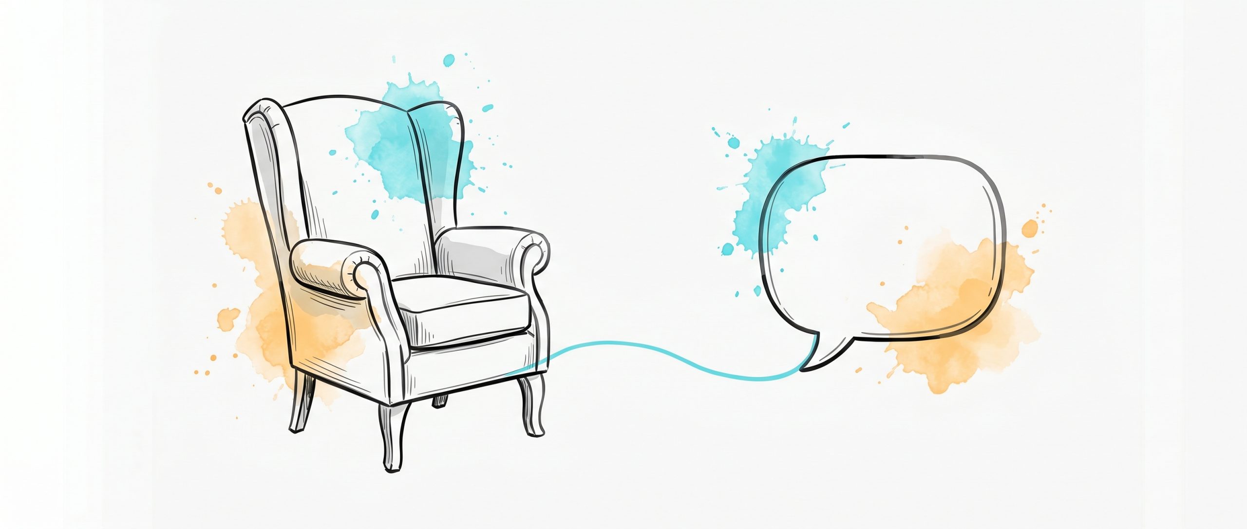Hand-drawn ink illustration of a classic therapist armchair linked by a cyan thread to a chat speech bubble, symbolizing traditional therapy versus AI therapy, with cyan and apricot watercolour splashes