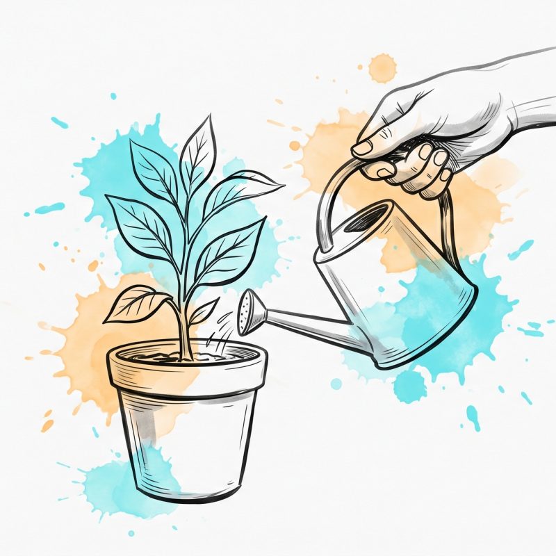 Hand-drawn ink illustration of a hand watering a small potted plant with a watering can, cyan and apricot watercolour splashes, symbolizing actively nurturing your own growth in therapy