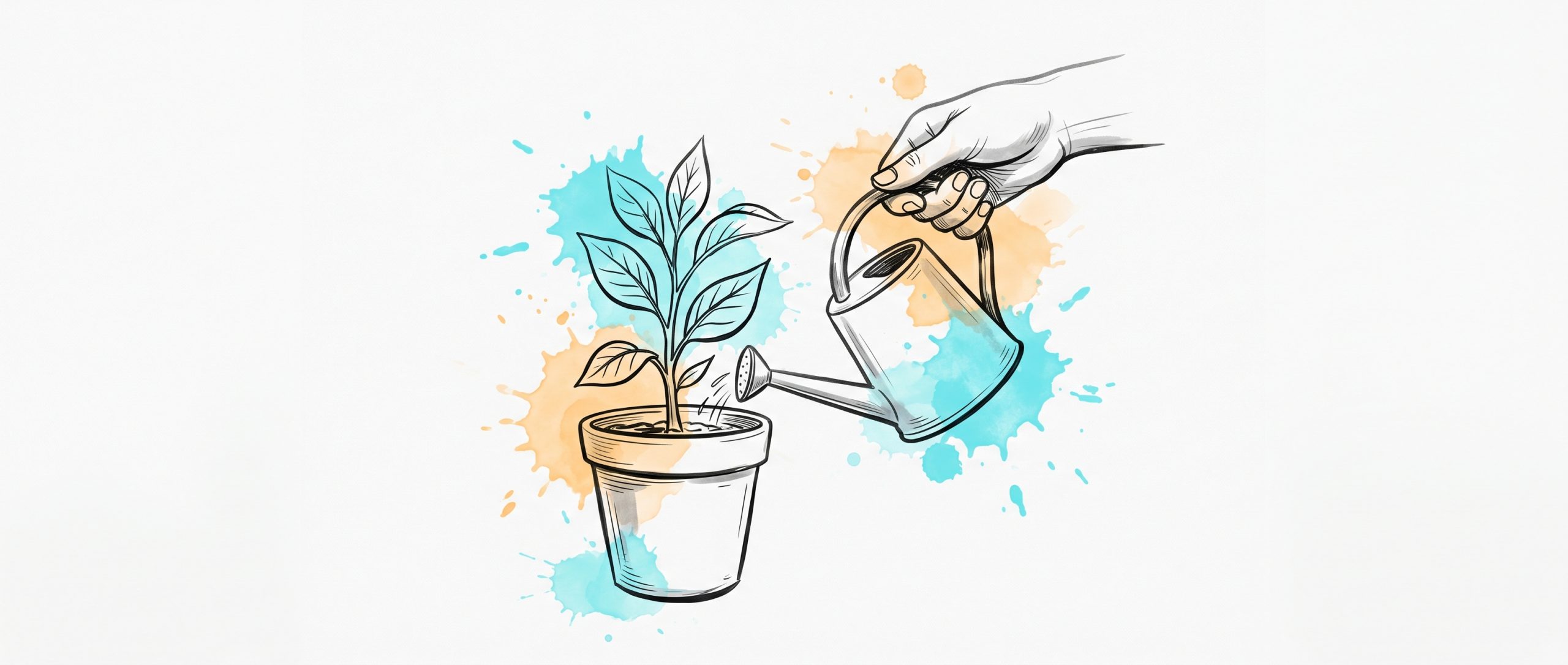 Hand-drawn ink illustration of a hand watering a small potted plant with a watering can, cyan and apricot watercolour splashes, symbolizing actively nurturing your own growth in therapy