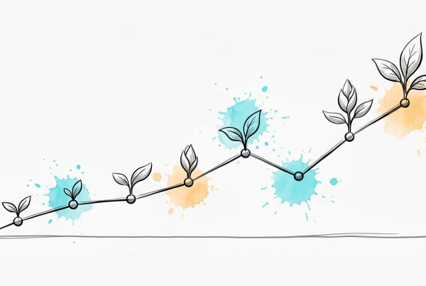 Hand-drawn line chart trending upward with small sprouting leaves growing larger at each plotted point and one gentle dip, symbolising non-linear progress in therapy over time, in cyan and apricot watercolour
